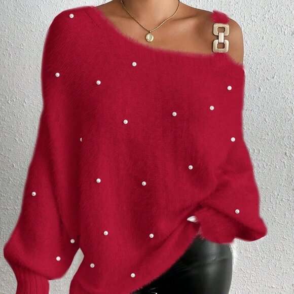 Red Casual Women's Asymmetrical Neck Pearl Decor Long Sleeve Pullover Sweater - Picture 5 of 6